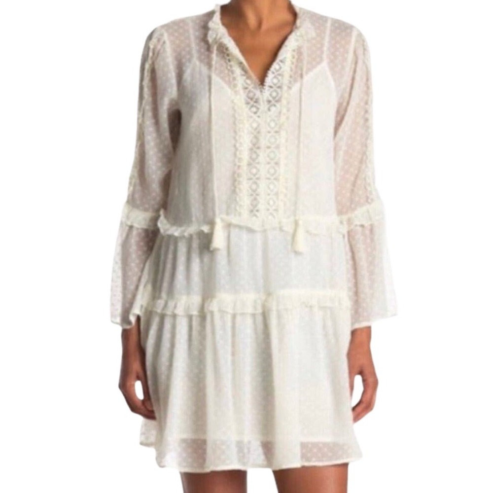 Love Stitch Sheer Swiss Dot Mini Dress With Slip Size Medium Bell Sleeve Boho
